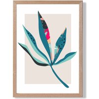 ARTZE Palm Leaf Blue & Pink Boho Botanical Framed Print SIZE: A3 with Oak Frame in Mid Blue | Size: A2