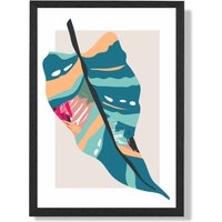 ARTZE Tropical Palm Blue & Pink Boho Botanical Framed Print SIZE: A3 with Black Frame in Mid Blue | Size: A4