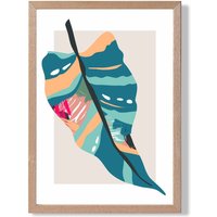 ARTZE Tropical Palm Blue & Pink Boho Botanical Framed Print SIZE: A3 with Oak Frame in Mid Blue | Size: A4
