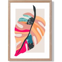 ARTZE Tropical Monstera Blue & Pink Boho Botanical Framed Print SIZE: A3 with Oak Frame in Mid Blue