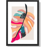 ARTZE Tropical Monstera Blue & Pink Boho Botanical Framed Print SIZE: A2 with Black Frame in Mid Blue
