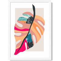 ARTZE Tropical Monstera Blue & Pink Boho Botanical Framed Print SIZE: A2 with White Frame in Mid Blue