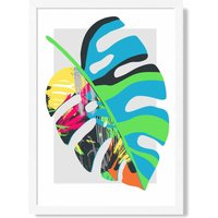 ARTZE Monstera Blue & Green Abstract Minimalist Framed Print SIZE: A4 with White Frame in Mid Blue