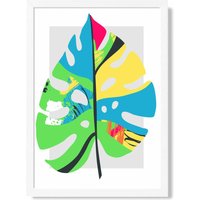 ARTZE Monstera Leaf Blue & Green Abstract Minimalist Framed Print SIZE: A4 with White Frame in Mid Blue