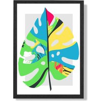 ARTZE Monstera Leaf Blue & Green Abstract Minimalist Framed Print SIZE: A2 with Black Frame in Mid Blue | Size: A3