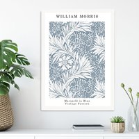 ARTZE William Morris Marigold in Blue Art Print / White Frame / SIZE: A2 in Mid Blue