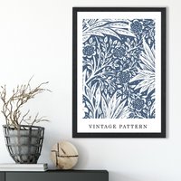 ARTZE William Morris Blue Pattern Art Print / Black Frame / SIZE: A2 in Mid Blue