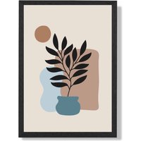 ARTZE Beige, Blue & Brown Boho Graphical Floral Framed Print SIZE: A2 with Black Frame