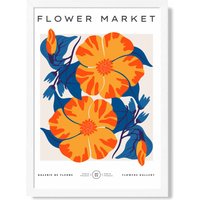ARTZE Orange & Blue Cosmos Flower Market Exhibition Framed Print SIZE: A3 with White Frame | Size: A2