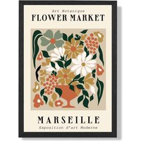ARTZE Marseille Beige & Green Flower Market Exhibition Framed Print SIZE: A4 with Black Frame