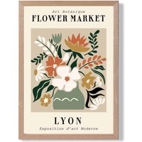 ARTZE Lyon Beige & Green Flower Market Exhibition Framed Print SIZE: A3 with Oak Frame