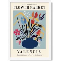 ARTZE Valencia Blue & Pink Flower Market Exhibition Framed Print SIZE: A2 with White Frame in Mid Blue | Size: A4
