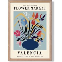 ARTZE Valencia Blue & Pink Flower Market Exhibition Framed Print SIZE: A3 with Oak Frame in Mid Blue