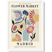 ARTZE Madrid Blue & Pink Flower Market Exhibition Framed Print SIZE: A4 with White Frame in Mid Blue | Size: A2