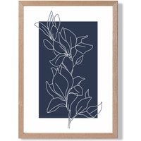 ARTZE Abstract Navy Blue & White Floral Line Art Framed Print SIZE: A4 with Oak Frame
