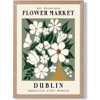 ARTZE Dublin Green & White Flower Market Exhibition Framed Print SIZE: A2 with Oak Frame in Beige | Size: A3