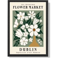 ARTZE Dublin Green & White Flower Market Exhibition Framed Print SIZE: A3 with Black Frame in Beige | Size: A2