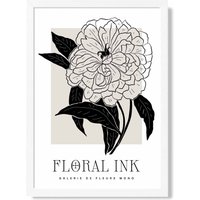 ARTZE Peony Black & Beige Floral Ink Sketch Framed Print SIZE: A4 with White Frame