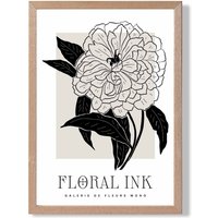 ARTZE Peony Black & Beige Floral Ink Sketch Framed Print SIZE: A3 with Oak Frame
