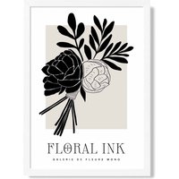 ARTZE Black & Beige Closed Peonies Floral Ink Sketch Framed Print SIZE: A4 with White Frame | Size: A2