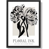 ARTZE Camelias Black & Beige Floral Ink Sketch Framed Print SIZE: A2 with Black Frame | Size: A4