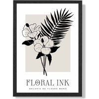 ARTZE Hibiscus Flowers in Black & Beige Floral Ink Sketch Framed Print SIZE: A2 with Black Frame | Size: A4