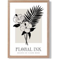 ARTZE Hibiscus Flowers in Black & Beige Floral Ink Sketch Framed Print SIZE: A4 with Oak Frame | Size: A3