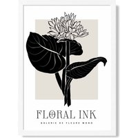 ARTZE Lotus Flower in Black & Beige Floral Ink Sketch Framed Print SIZE: A4 with White Frame | Size: A3