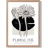 ARTZE Water Lillies in Black & Beige Floral Ink Sketch Framed Print SIZE: A2 with Oak Frame | Size: A3