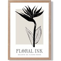 ARTZE Bird of Paradise Flower Floral Ink Sketch Framed Print SIZE: A3 with Oak Frame in Beige | Size: A2