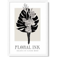 ARTZE Tropical Bouquet in Black & Beige Floral Ink Sketch Framed Print SIZE: A2 with White Frame | Size: A3