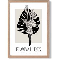 ARTZE Tropical Bouquet in Black & Beige Floral Ink Sketch Framed Print SIZE: A3 with Oak Frame