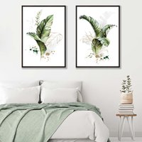 ARTZE Abstract Green Botanical Leaves Set of 2 Art Prints in Black Frames in Bottle Green | Size: A3