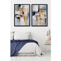 ARTZE Abstract Blue & Orange Set of 2 Art Prints in Black Frames in Navy | Size: A4