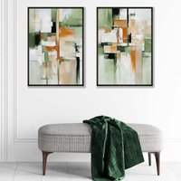 ARTZE Abstract Green & Orange Set of 2 Art Prints in Black Frames in Light Green | Size: A3