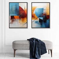 ARTZE Abstract Colourful Watercolour Shapes Set of 2 Art Prints in Black Frames in Bright Blue | Size: A3