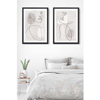 ARTZE Set of 2 Abstract Beige & Grey Female Line Art Wall Art Prints in Black Frames in Light Beige | Size: A3