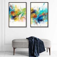ARTZE Abstract Fractal Blue Green Set of 2 Art Prints in Black Frames | Size: W50 cm x H70 cm