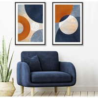 ARTZE Blue & Orange Mixed Media Set of 2 Art Prints in Black Frames | Size: A3