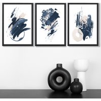 ARTZE Set of 3 Blue Abstract Minimal Wall Art Prints / Size: A3 / Black Frame in Dark Blue