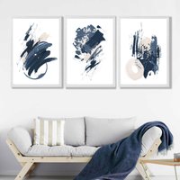 ARTZE Set of 3 Blue Abstract Minimal Wall Art Prints / Size: A3 / White Frame in Dark Blue