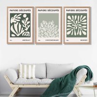 ARTZE Matisse Floral Set of 3 in Green & Sage Wall Art Prints with Oak Frame. Size: A2 in Bottle Green