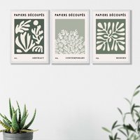 ARTZE Matisse Floral Set of 3 in Green & Sage Wall Art Prints with White Frame. Size: A3 in Bottle Green | Size: W53 cm x H73 cm x D20mm