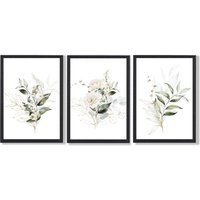 ARTZE White & Green Floral Bouquets Set of 3 Wall Art Prints with Black Frame. Size: A4 in Dark Olive | Size: W53 cm x H73 cm x D20mm