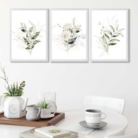 ARTZE White & Green Floral Bouquets Set of 3 Wall Art Prints with White Frame. Size: A3 in Dark Olive | Size: W53 cm x H73 cm x D20mm