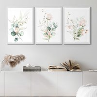 ARTZE Pink Floral Roses Set of 3 Wall Art Prints with White Frame. Size: A4 in Rose