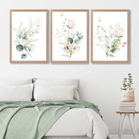 ARTZE Pink Floral Roses Set of 3 Wall Art Prints with Oak Frame. Size: A2 in Rose | Size: A3