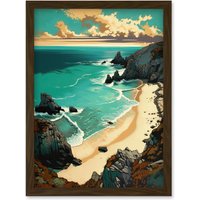 Artery8 Porthcurno Sandy Beach Cliffs Coastal Landscape Artwork Framed Wall Art Print A4 in Brown