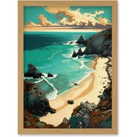 Artery8 Porthcurno Sandy Beach Cliffs Coastal Landscape Artwork Framed Wall Art Print A4 in Light Oak