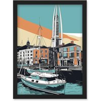 Artery8 Portsmouth Historic Dockyard Modern Linocut Style Artwork Framed Wall Art Print A4 in Black
